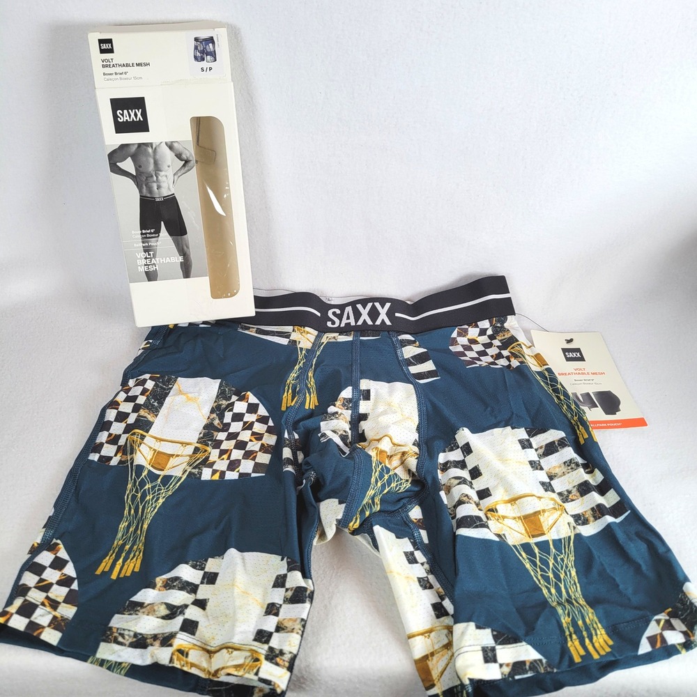 SAXX Mens Boxer Brief Volt Mesh Basketball Print Size Small Rich Teal Blue